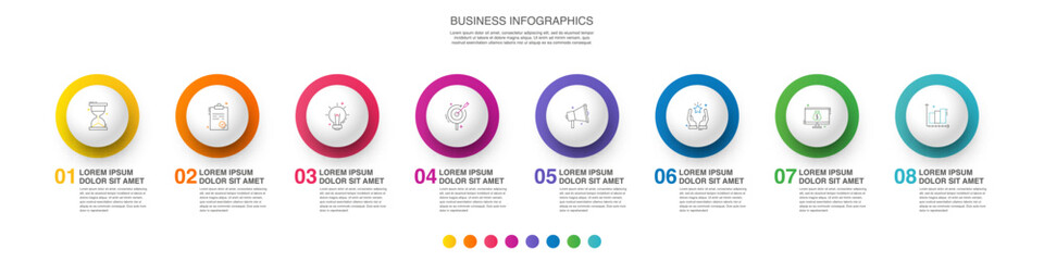 Timeline vector infographic design with eight icons and circles. Circular infographics for business concepts and reports. Use for chart, presentations, workflow layout, process, diagram, annual.