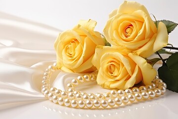Yellow roses bouquet and pearls,in white background.