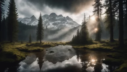 Foto op geborsteld aluminium Mistig bos Magical Landscapes: Wallpapers depicting beautiful natural views, such as mountains, lakes, beaches, forests, or fields.