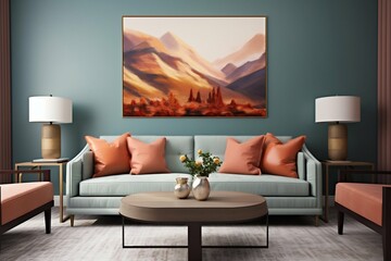 Elegant Living Room: Rich Colors, Textures, and Serene Artwork Ambiance. Generative ai