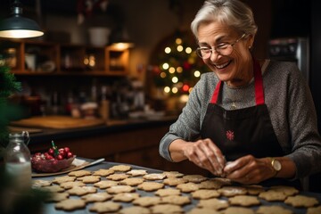 Woman baking Christmas cookies happy, rustic background homes - 664410783