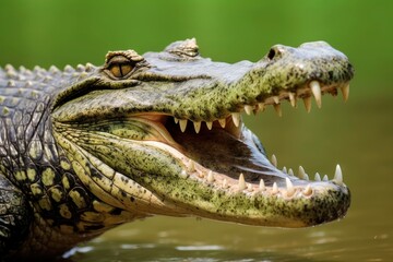Crocodile with its mouth wide open with a green lake in the green background.