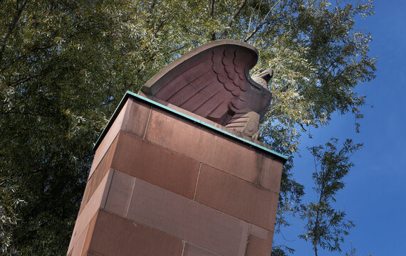 Statue of the German Eagle near the river Rhine City of Mainz Germany. Rhineland Palatinate.
