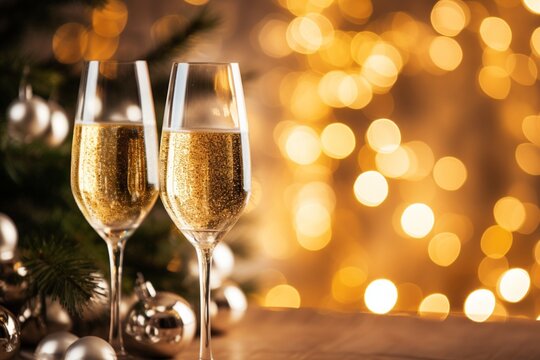 Two glasses of champagne with bokeh lights on a bright backgrounds