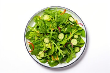 Healthy fresh green salad plate shot from above on white background.