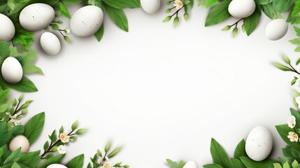 Naklejka na ściany i meble Easter eggs with greenery in a frame on a white background.