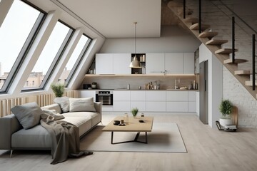 Scandinavian Studio: Minimalist Living Room with Integrated Kitchen. Generative ai