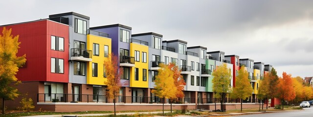 Modern Residential Complex: Multi-colored Facades under Overcast Sky. Generative ai