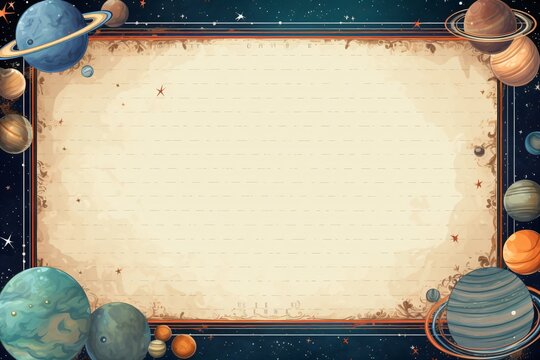 Space and cosmology theme greeting card design with frame and borders