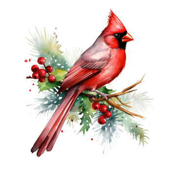 Cardinal Bird For Christmas Event. Watercolor Style. AI Generated