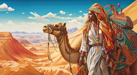 nomadic person from the Sahara Desert, draped in colorful fabrics and traditional garments, set against the vast desert landscape,