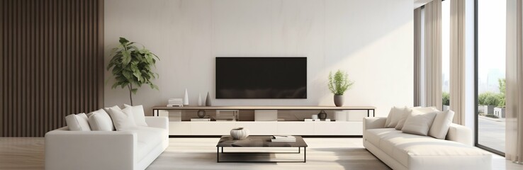 Panoramic Modern Living Room: White Sofa and TV Unit in Spacious Setting. Generative ai