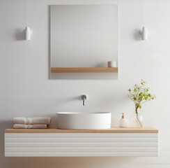 Fototapeta na wymiar Scandinavian Bathroom: Wall-Mounted Vanity with Vessel Sink and Mirror. Generative ai