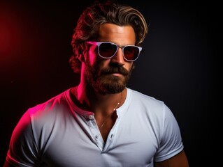 Obraz premium Neon light studio portrait of serious man model with mustaches and beard in sunglasses