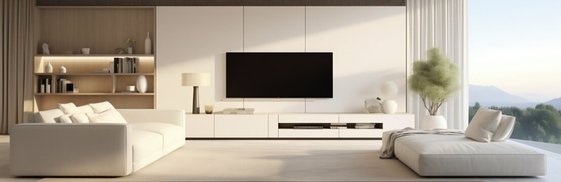 Panoramic Modern Living Room: White Sofa and TV Unit in Spacious Setting. Generative ai
