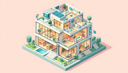 Isometric smart house architecture. Future technology lifestyle. Generative AI.