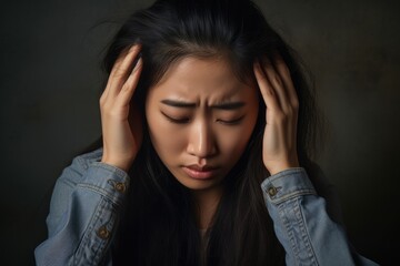 portrait of an Asian girl holding her head with her hands and feeling a headache, gray background