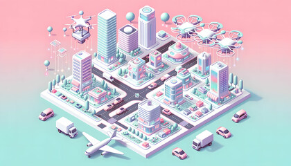 Smart cityscape with buildings and technology in isometric style. Future lifestyle idea. Generative AI. - obrazy, fototapety, plakaty