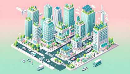 Smart cityscape with buildings and technology in isometric style. Future lifestyle idea. Generative AI.