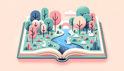 Opened picture book illustration. Generative AI.