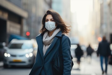 Obraz premium portrait of business woman in protective mask and coat outdoors in urban city during coronavirus pandemic