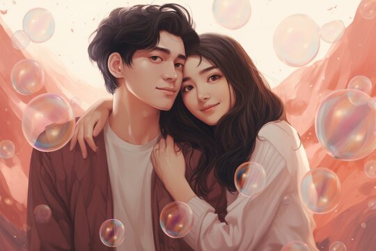 illustration of youth asian loving couple hugging with bubbles and hearts background