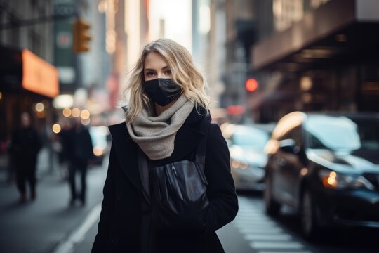 portrait of business woman in protective mask and coat outdoors in urban city during coronavirus pandemic