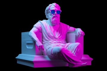 A white statue of Plato in a cool pose, wearing magenta and cyan 3D glasses, ready to party.