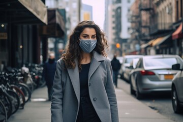 Fototapeta premium portrait of business woman in protective mask and coat outdoors in urban city during coronavirus pandemic