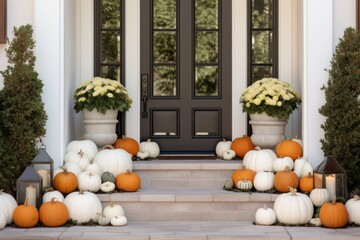 Fototapeta na wymiar Beautiful home details - door with autumn decoration with pumpkins, wheat and flowers. Halloween and autumn arrangements on house entrance and exterior.