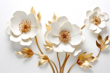 3d gold flowers white backgroung.