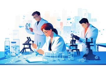 illustration of group of scientists working in laboratory - obrazy, fototapety, plakaty