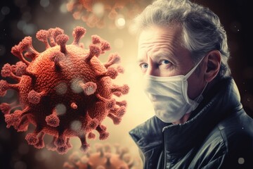 adult man wearing medical mask and virus particles or cells on dark background. coronavirus protection poster or banner