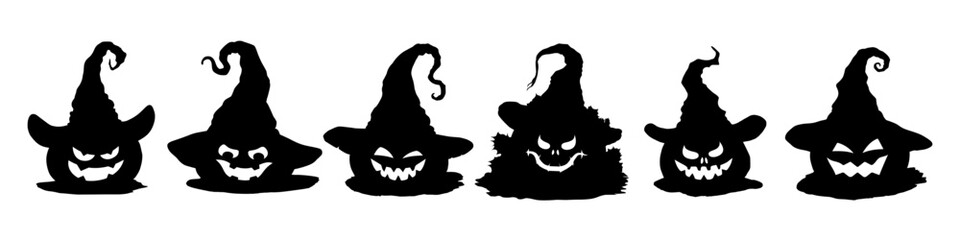 Silhouettes of Halloween pumpkins with witch hats. Scary pumpkin lanterns with evil smile set. Cartoon Jack-O-lantern. Vector illustration isolated on white. Transparent png