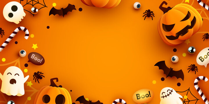 Halloween cartoon background. Cute 3d decorations. Vector illustration