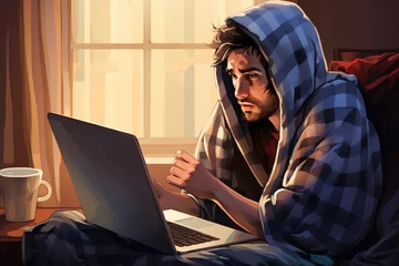 Fotobehang Person with a cold or flu working remotely on laptop while wrapped in a blanket © gankevstock