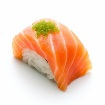A sushi salmon on white background.