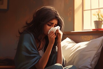 illustration of sick indian woman sneezes into a handkerchief, runny nose symptom - obrazy, fototapety, plakaty