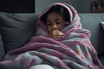 sick african american child wrapped in blanket - obrazy, fototapety, plakaty