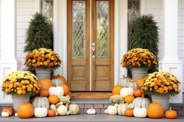 luxurious home details - door with autumn decoration with pumpkins, wheat and flowers. Halloween and autumn arrangements on house entrance and exterior.