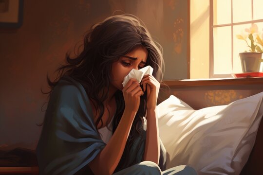 illustration of sick indian woman sneezes into a handkerchief, runny nose symptom