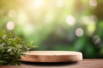 Empty Wooden Tabletop Podium in Garden Open Forest with Blurred Green Plants Background for Organic Product Presentation
