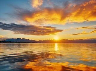 Obraz premium Bright sunset over Lake golden clouds reflect in the water.