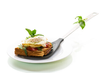 Prepared toast sandwich with fried egg with spices and herbs.