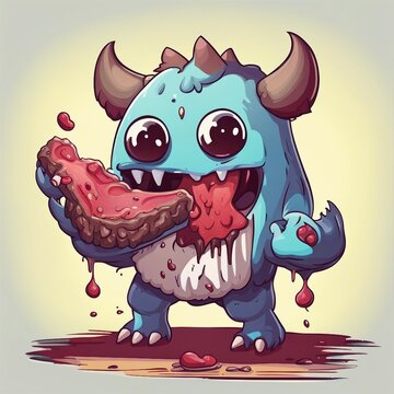 illustration background of cute monster characters eating steak