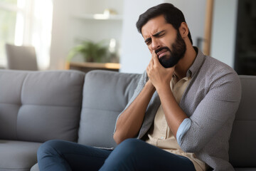 Obraz premium man feeling cold or flu disease symptom while sitting on sofa in living room
