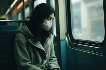 young girl in medical mask sitting in city bus. concept of loneliness during coronavirus pandemic