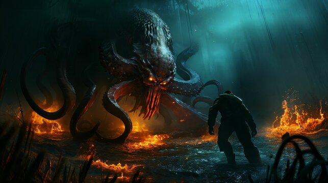 AI generated illustration of a person standing against a monstrous octopus figure
