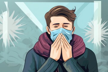 illustration of person in medical mask feel disease symptoms of coronavirus