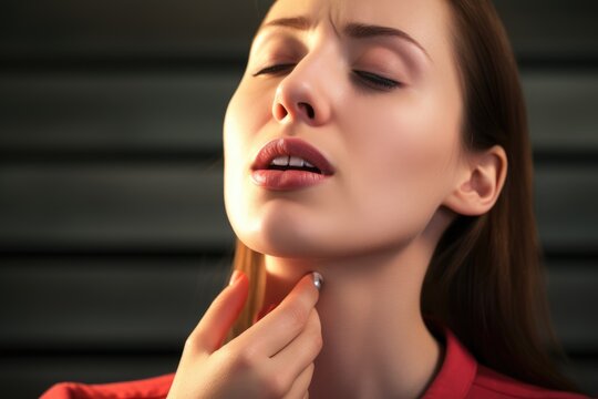 woman feel disease symptoms of cold or flu, sore throat